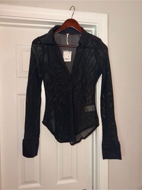 NWT Free People Black Sheer Mesh Button-Down Shirt